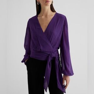 Express Women's Tie Waist Top Size XS Purple V-Neck Faux Wrap Lined NWT $54